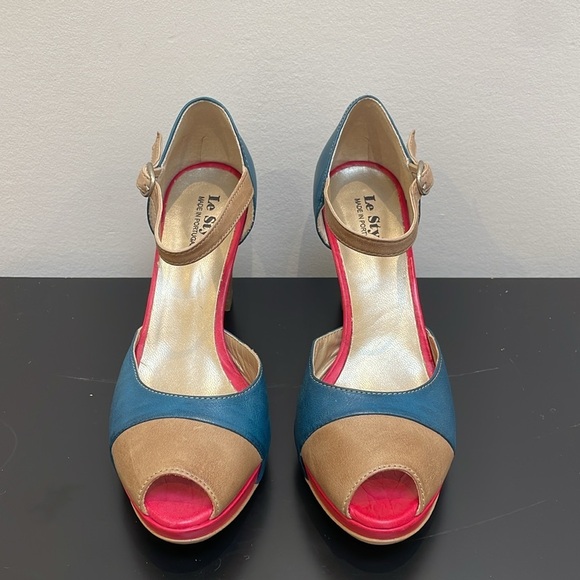 Le Style open toe strap leather heels 6.5 platform pink blue nude summer shoe - Picture 2 of 11